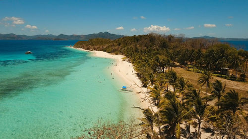 Aerial view beautiful beach on a tropical island malcapuya. philippines.