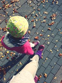 High angle view of child on footpath during autumn