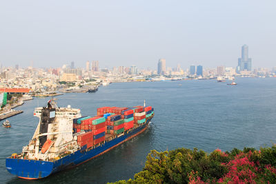 High angle view of cargo ship at sea