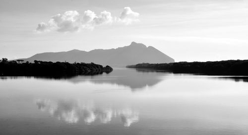 Scenic view of lake and mountains against sky