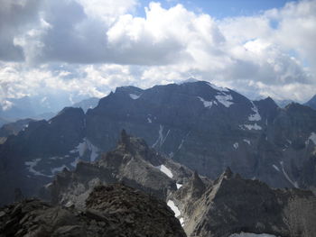 Scenic view of mountains against cloudy sky