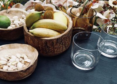 High angle view of fruits in basket on table