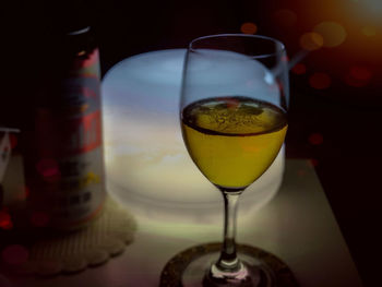 Close-up of beer in glass on table