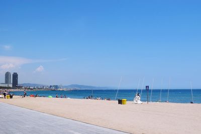 Scenic view of beach against clear blue sky