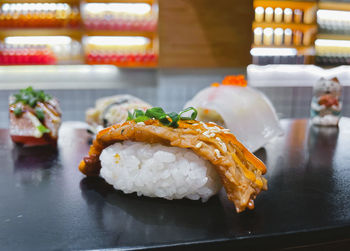 Close-up of sushi served in plate