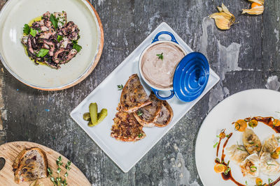 High angle view of food in plate on table