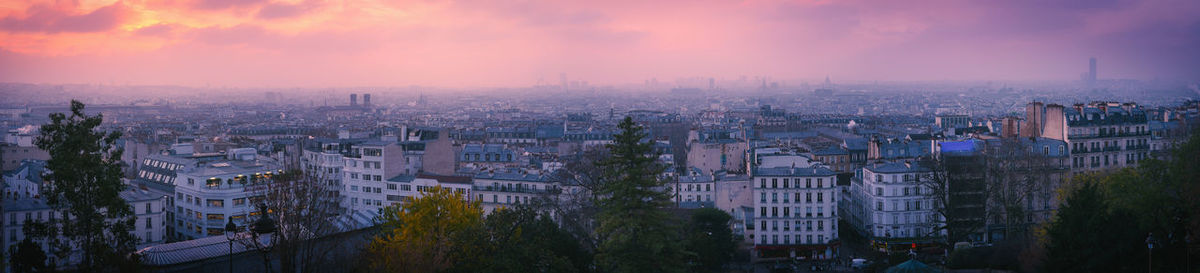 Paris panorama from montmartre at sunrise, france