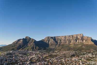 Scenic view of mountains against clear blue sky