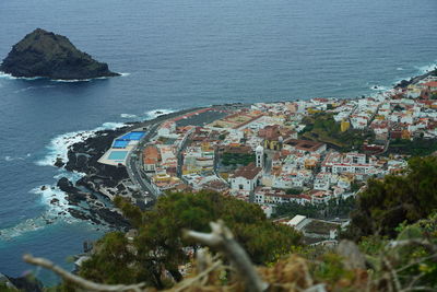 High angle view of townscape by sea, garachico, tenerife, canary islands, spain