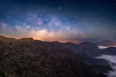 Scenic view of mountains against sky at night