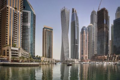 Panoramic view of modern buildings against clear sky