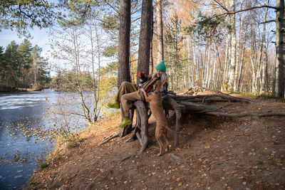 Rear view of woman standing in forest