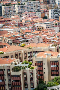 High angle view of buildings in city