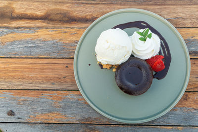 High angle view of dessert in plate on table