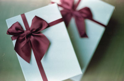 High angle view of paper in box on table