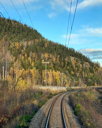 Railroad tracks by trees against sky