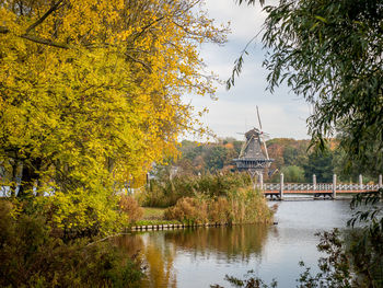 Trees by river against sky during autumn