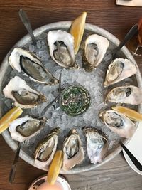 High angle view of fish on table