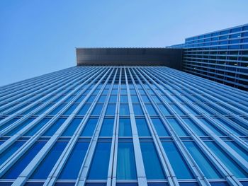 Low angle view of modern building against clear blue sky