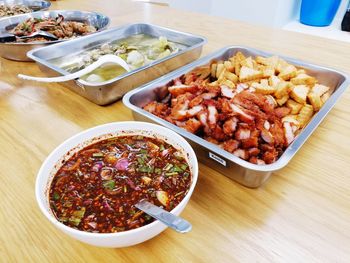 High angle view of food served on table