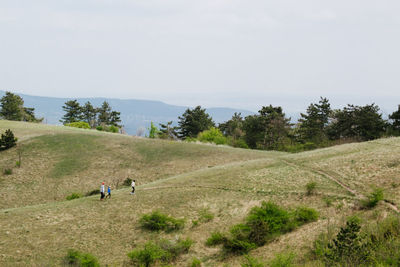 People walking on road by field against sky