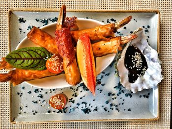 High angle view of food served on table