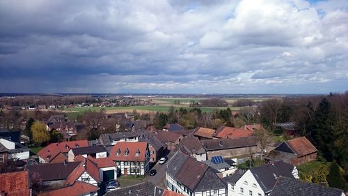 High angle view of townscape against cloudy sky