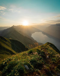 Scenic view of mountains against sky during sunset