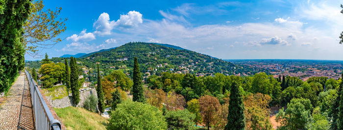 Panoramic view of trees and mountains against sky