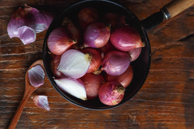 High angle view of vegetables in bowl on table