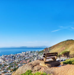 Scenic view of sea against clear blue sky