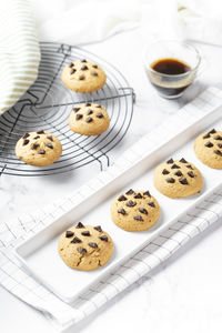 High angle view of cookies in plate on table