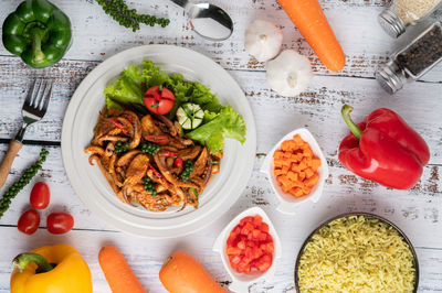 High angle view of meal served on table