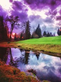 Scenic view of lake against cloudy sky