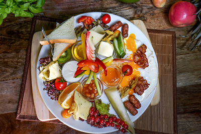 High angle view of breakfast served on table