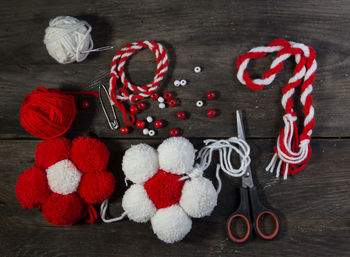 High angle view of christmas decorations on table