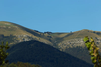 Scenic view of mountains against clear blue sky