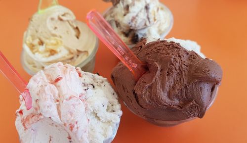 High angle view of ice cream on table