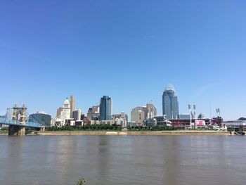 View of buildings in city against clear sky