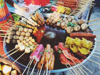 High angle view of food for sale at market stall