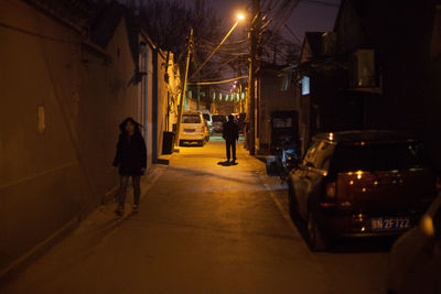 People walking on illuminated city street at night