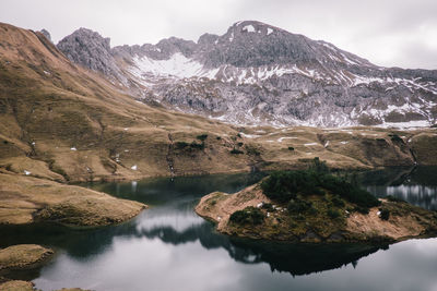 Scenic view of lake and mountains against sky