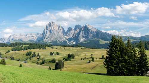 Scenic view of sasso piatto and sasso lungo mountains against sky