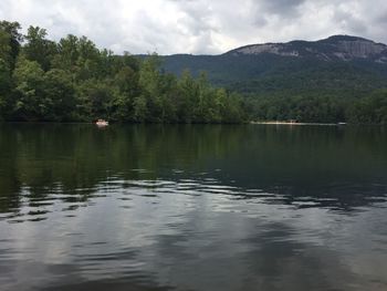 Scenic view of lake by trees against sky