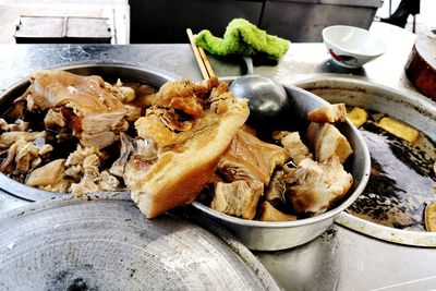High angle view of meal served on table