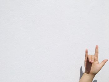 Cropped hand showing rock sign against wall