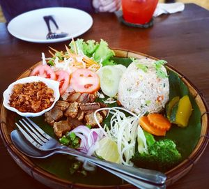 High angle view of food in plate on table