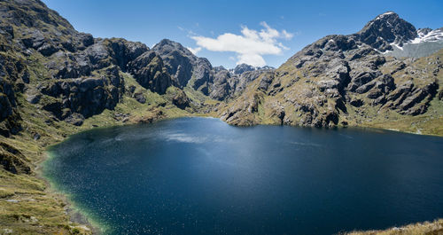 Scenic view of lake and mountains against sky