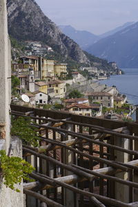 High angle view of townscape and mountains