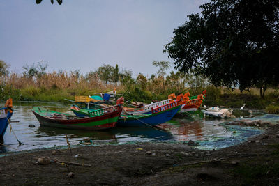 Boats moored on shore against sky